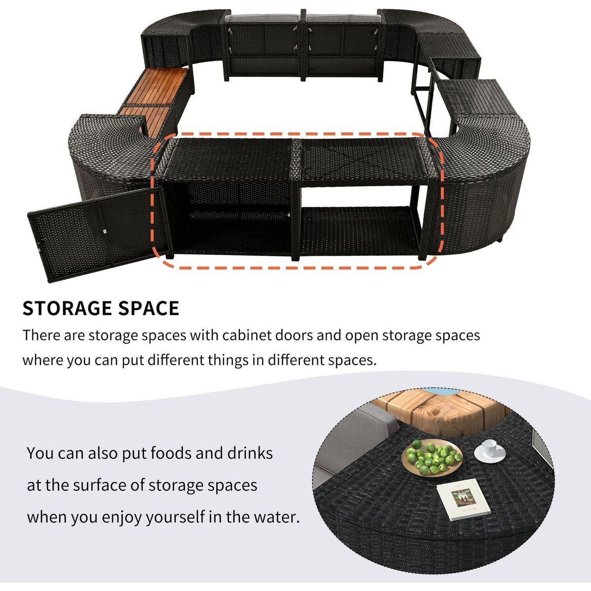Spa Surround Spa Frame Quadrilateral Outdoor Rattan Sectional Sofa Set with Mini Sofa, Wooden Seats and Storage Spaces, Grey