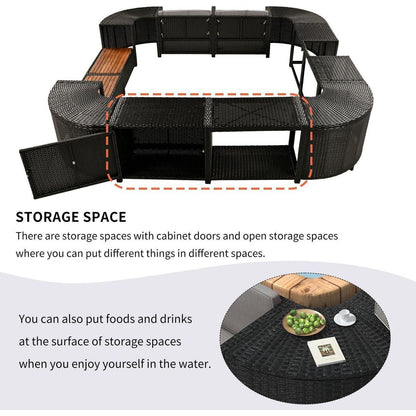 Spa Surround Spa Frame Quadrilateral Outdoor Rattan Sectional Sofa Set with Mini Sofa, Wooden Seats and Storage Spaces, Grey