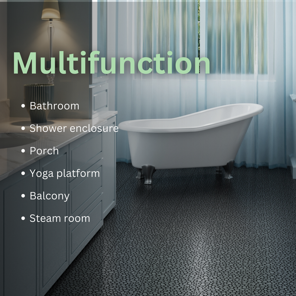 12 x 12 Inch Black Interlocking Deck Tiles Plastic Waterproof Outdoor All Weather Anti-slip Bathroom Shower Balcony Porch Strong Weight Capacity Upto 440 LBS, Pebble Stone Pattern Pack of 12