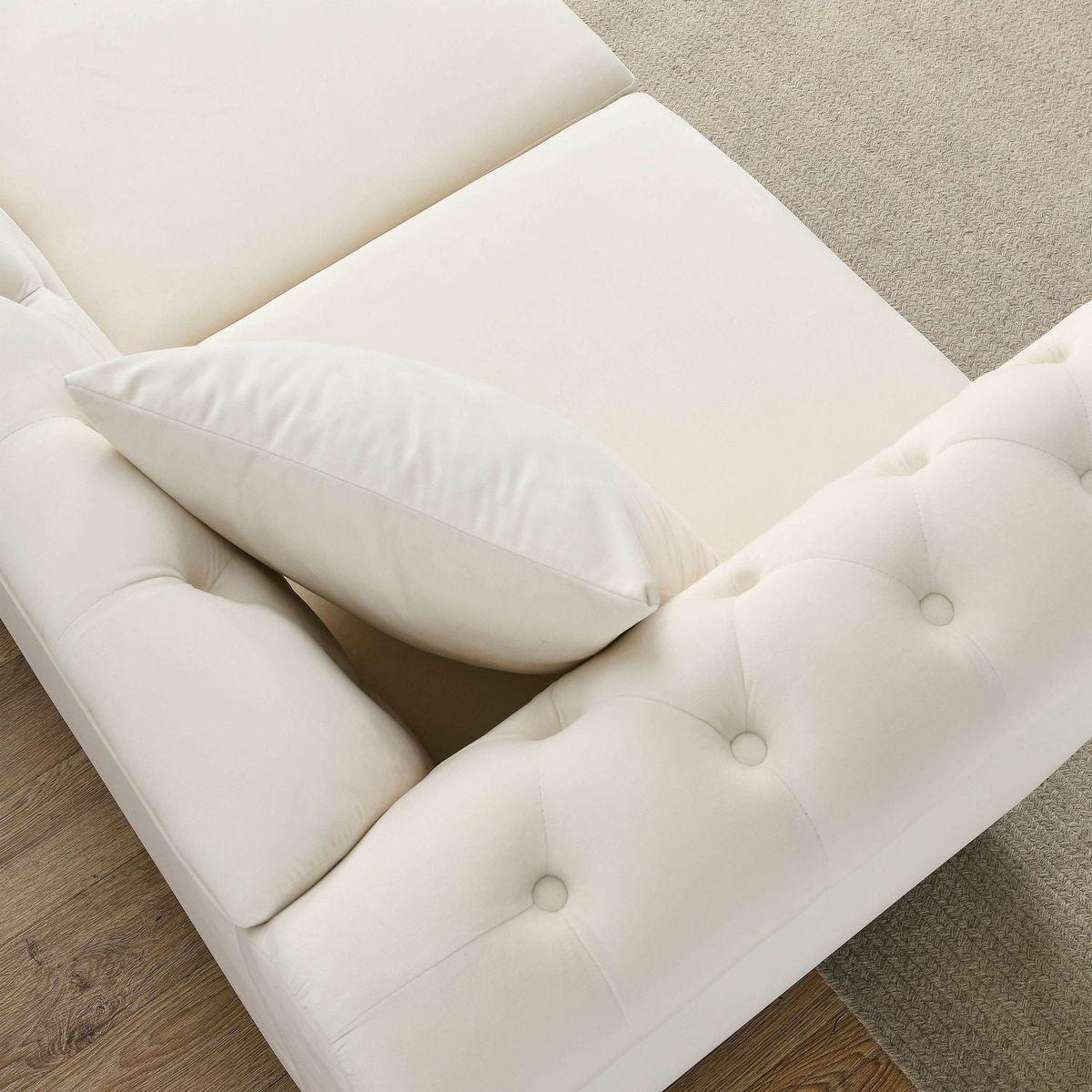 80" Chesterfield Sofa Beige Velvet for Living Room, 3 Seater Sofa Tufted Couch with Rolled Arms and Nailhead for Living Room, Bedroom, Office, Apartment, two pillows
