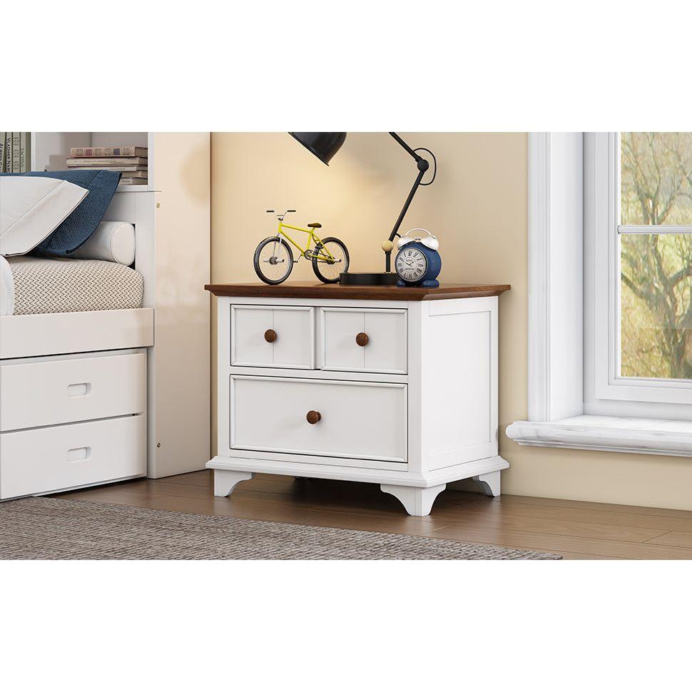 3 Pieces Wooden Captain Bedroom Set Full Bed with Trundle, Nightstand and Dresser, White + Walnut