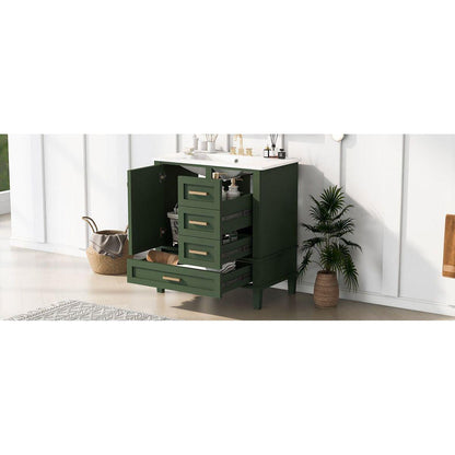 30" Bathroom Vanity in Green, Modern Bathroom Cabinet with Sink Combo Set, Bathroom Storage Cabinet with a Soft Closing Door and 3 Drawers, Solid Wood Frame