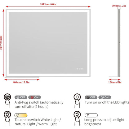 32x40 inch LED Bathroom Vanity Mirror Wall Mounted Adjustable White/Warm/Natural Lights Anti-Fog Touch Switch with Memory Modern Smart Large Bathroom Mirrors