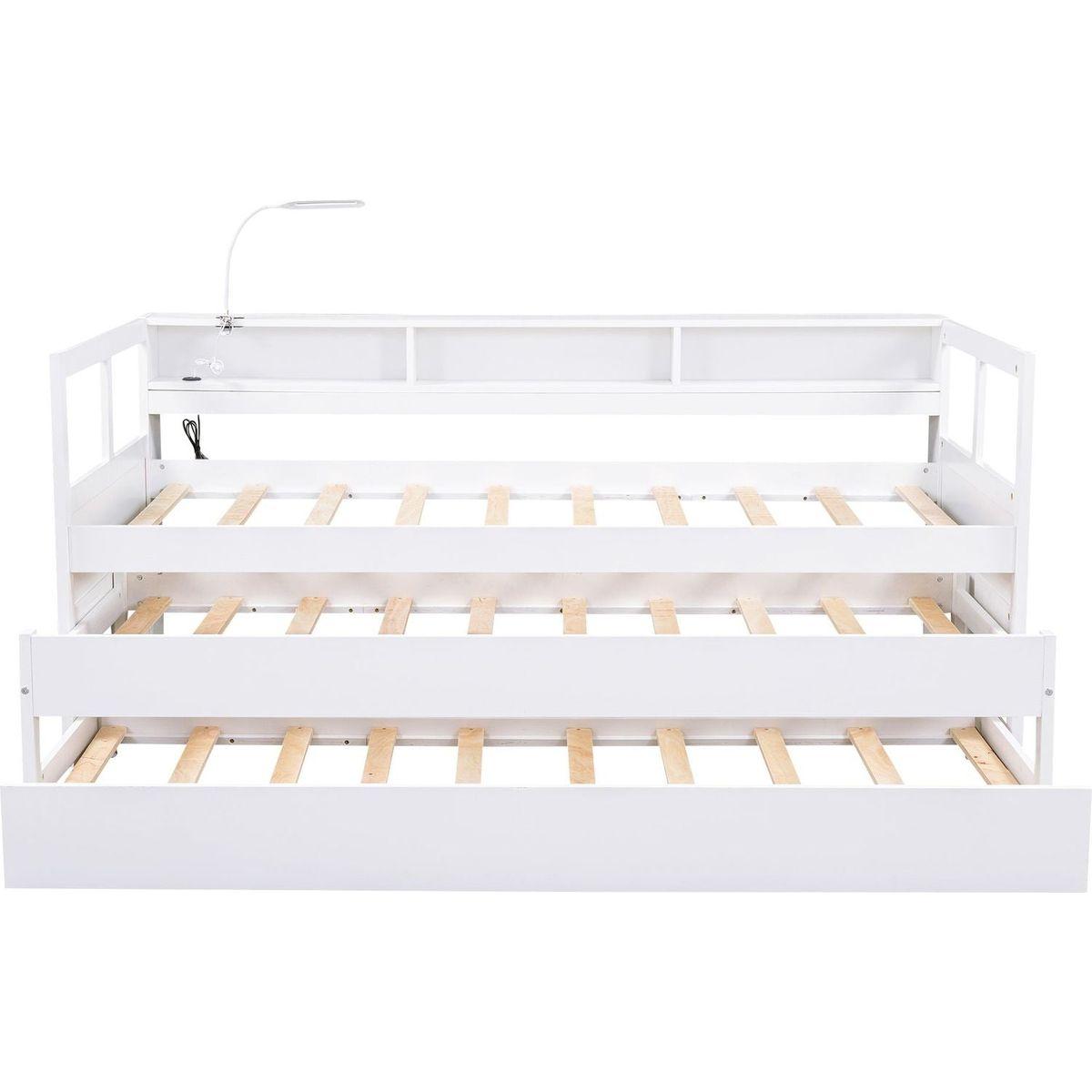 Twin XL Wood Daybed with 2 Trundles, 3 Storage Cubbies, 1 Light for Free and USB Charging Design, White
