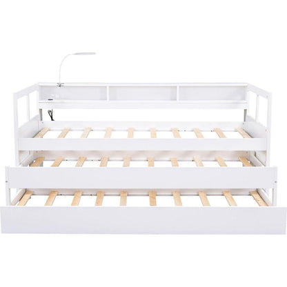 Twin XL Wood Daybed with 2 Trundles, 3 Storage Cubbies, 1 Light for Free and USB Charging Design, White