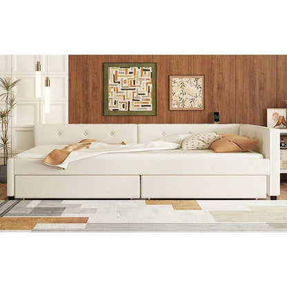 Full Size Upholstered Platform Bed with USB and 2 Drawers, Beige