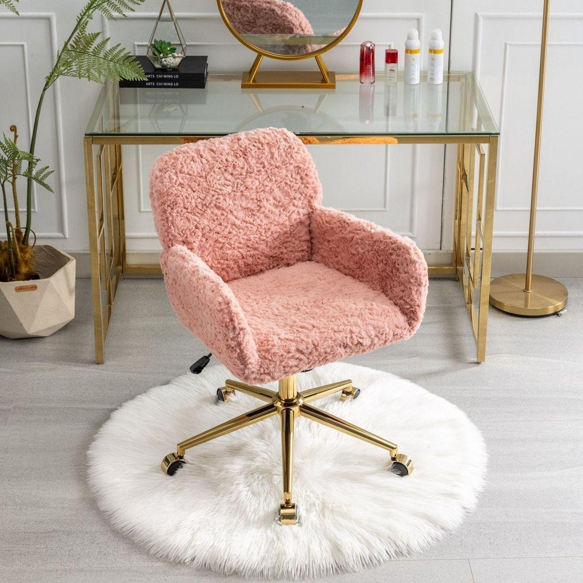 Office Chair,Artificial rabbit hair Home Office Chair with Golden Metal Base,Adjustable Desk Chair Swivel Office Chair,Vanity Chair(Pink)