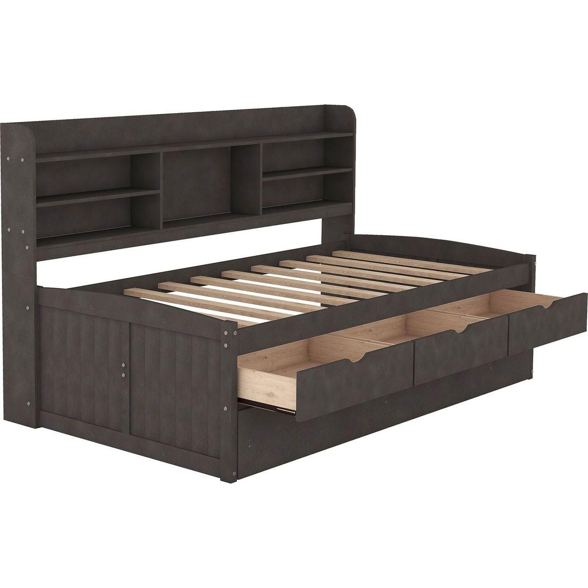 Twin Size Wooden Captain Bed with Built-in Bookshelves,Three Storage Drawers and Trundle,Antique Gray