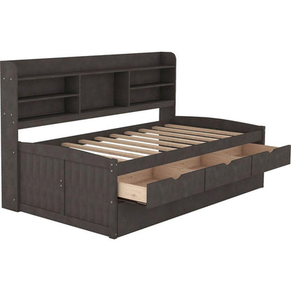 Twin Size Wooden Captain Bed with Built-in Bookshelves,Three Storage Drawers and Trundle,Antique Gray