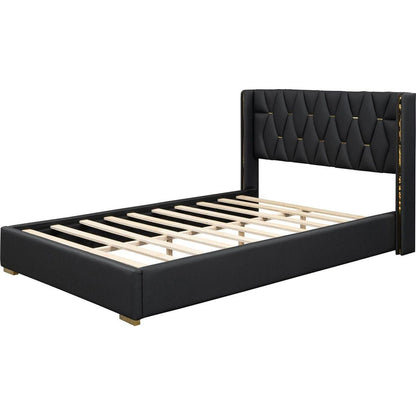 Full Size Upholstered Platform Bed with Metal Strips, Black