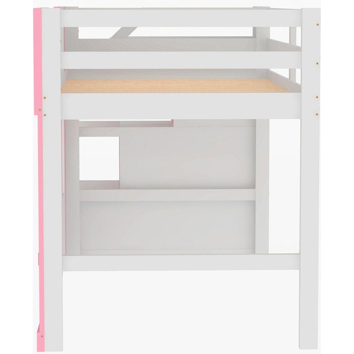 Twin Size Loft Bed with Storage Staircase and Window, Pink