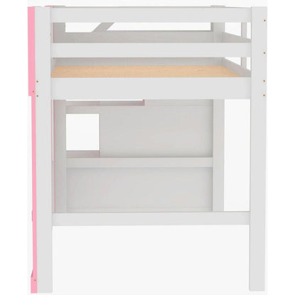 Twin Size Loft Bed with Storage Staircase and Window, Pink