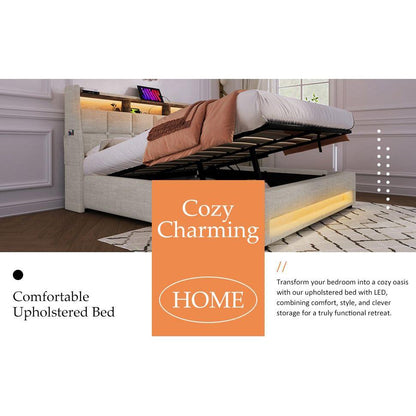 Queen size Upholstered Platform bed with a Hydraulic Storage System, LED and USB Charging, Natural (without mattress)