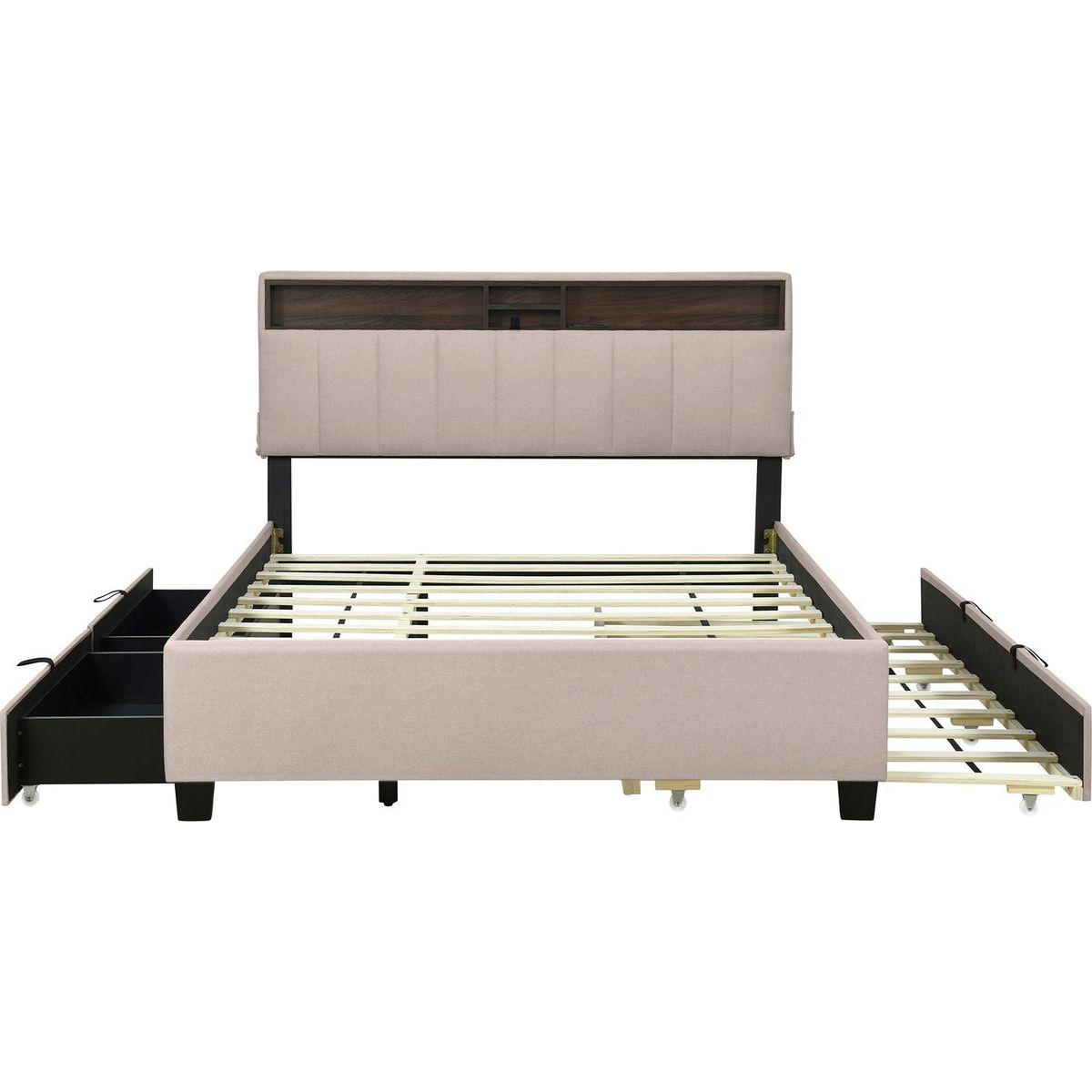 Queen size Upholstered Platform Bed with Storage Headboard, Twin XL Size Trundle & 2 drawers and a set of Sockets & USB Ports, Linen Fabric, Beige