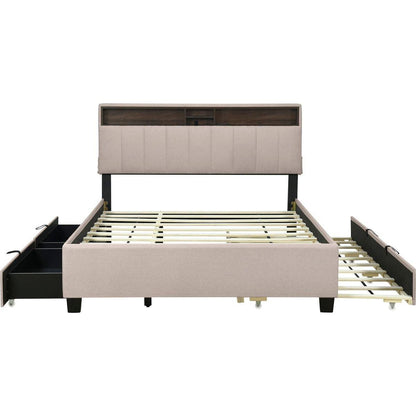 Queen size Upholstered Platform Bed with Storage Headboard, Twin XL Size Trundle & 2 drawers and a set of Sockets & USB Ports, Linen Fabric, Beige