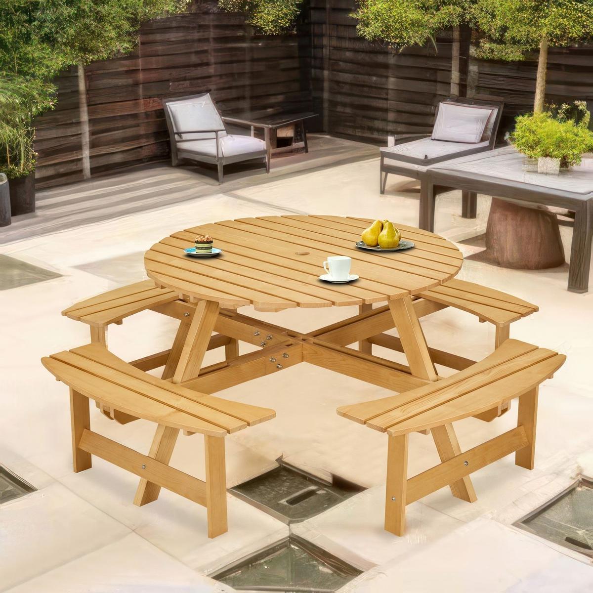 Outdoor 8 Person Picnic Table, 8 person Round Picnic Table with 4 Built-in Benches, Umbrella Hole, Outside Table and Bench Set for Garden, Backyard, Porch, Patio, Natural