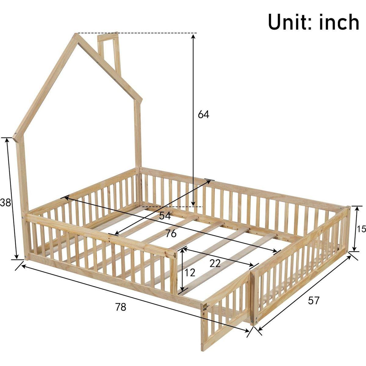 Wood Full Size House Platform Bed with Guardrail, Natural