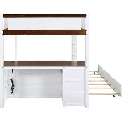 Full-Over-Full Bunk Bed with Twin size Trundle, Storage and Desk, White+Walnut