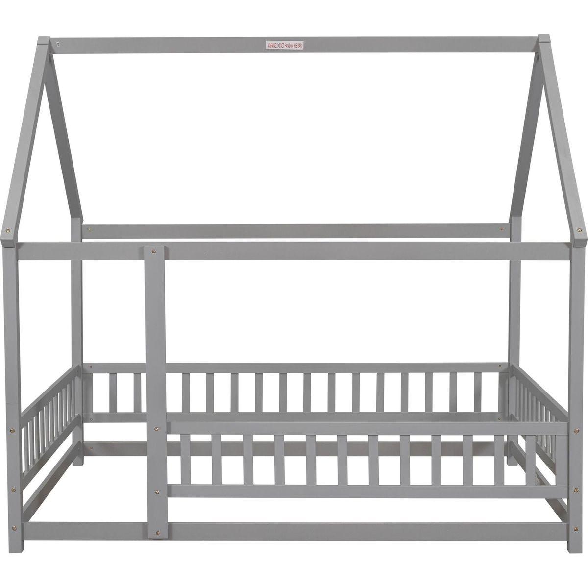Full Size Floor Wooden Bed with House Roof Frame, Fence Guardrails, Grey