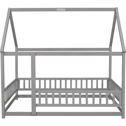 Full Size Floor Wooden Bed with House Roof Frame, Fence Guardrails, Grey