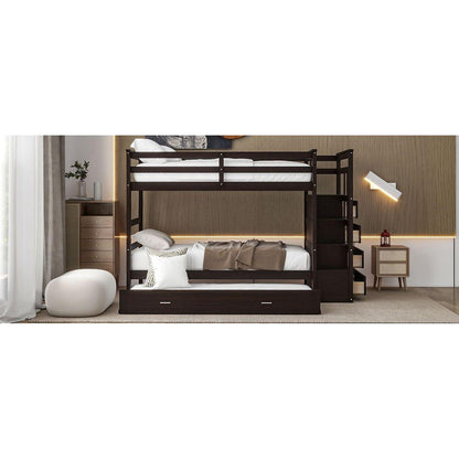 Twin Over Twin Bunk Bed with Trundle and Staircase,Espresso