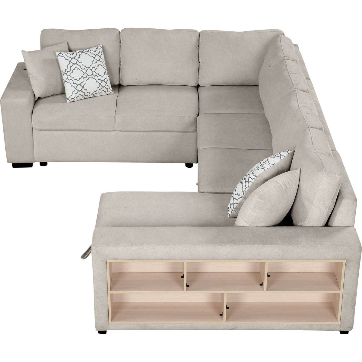 109" U-shaped Sectional Sofa Pull-out Sofa Bed with Two USB Ports, a Storage Chaise Lounge and Four Back Pillows for Living Room, Beige