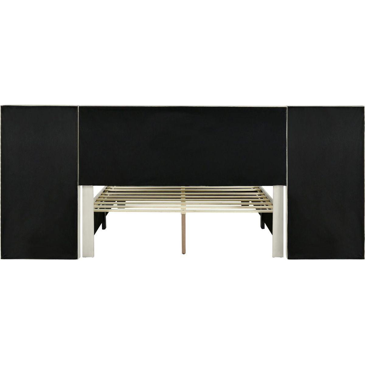 Queen Size Upholstered Platform Bed with Big Headboard, Bedroom Furniture, Velvet, Beige