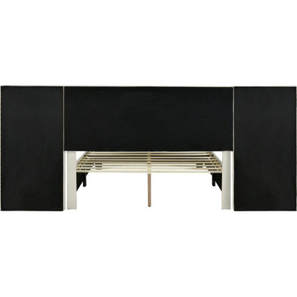 Queen Size Upholstered Platform Bed with Big Headboard, Bedroom Furniture, Velvet, Beige