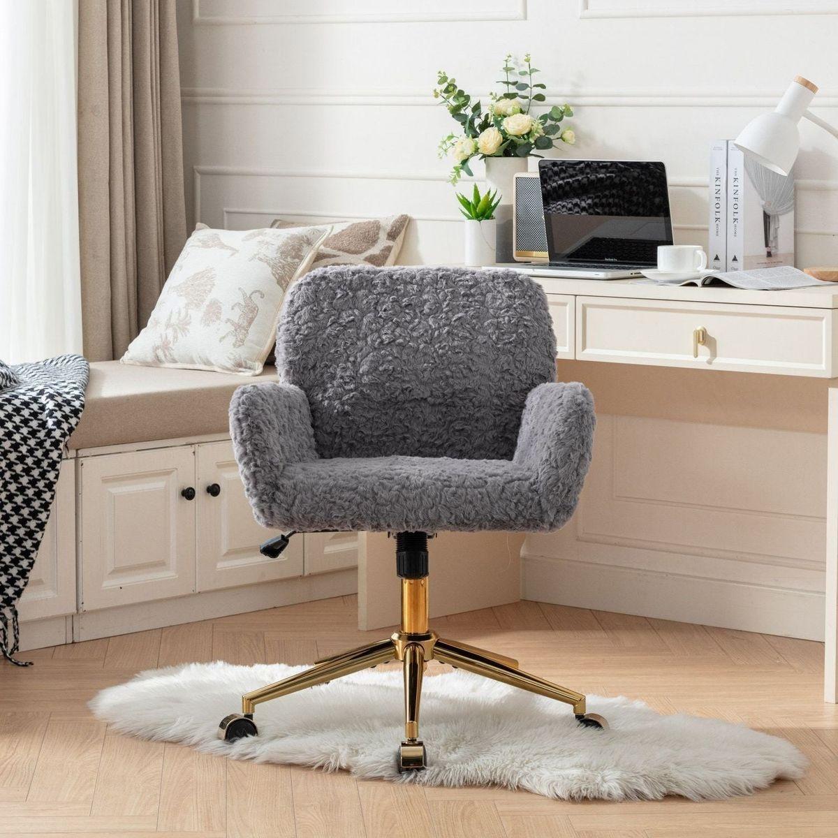 Office Chair,Artificial rabbit hair Home Office Chair with Golden Metal Base,Adjustable Desk Chair Swivel Office Chair,Vanity Chair(Gray)