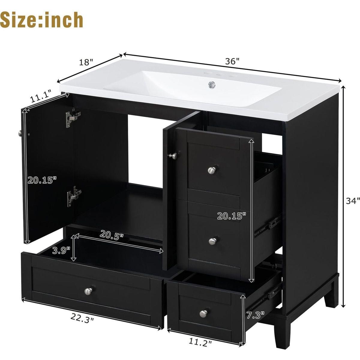 36 Inch Modern Bathroom Vanity with USB Charging, Two Doors and Three Drawers Bathroom Storage Vanity Cabinet, Small Bathroom Vanity cabinet with single sink, Black - Faucets Not Included