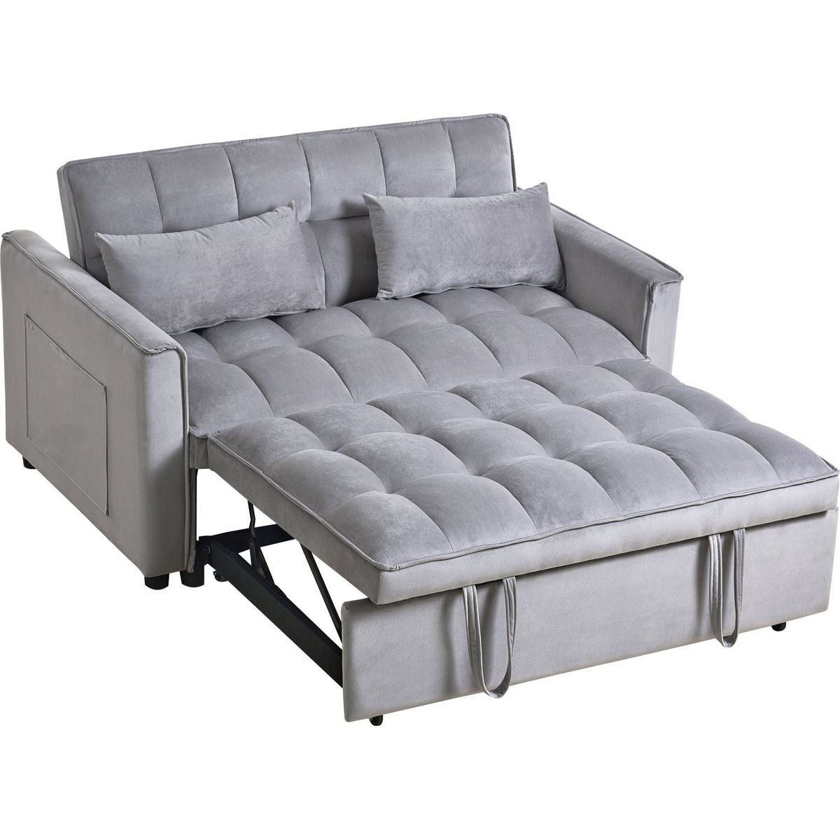 3 in 1 Convertible Sleeper Sofa Bed, Modern Pull Out Couch Bed, Adjustable Backrest, Velvet Loveseat Futon Sofa with Pillows & Pockets for Living Room Apartment, Grey