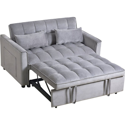 3 in 1 Convertible Sleeper Sofa Bed, Modern Pull Out Couch Bed, Adjustable Backrest, Velvet Loveseat Futon Sofa with Pillows & Pockets for Living Room Apartment, Grey