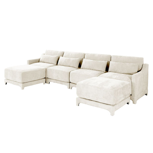 Elegant Four-Seater Sofa with Movable Ottoman and Lumbar Pillow, Beige Chenille Fabric, Solid Wood Frame, Ergonomic Design