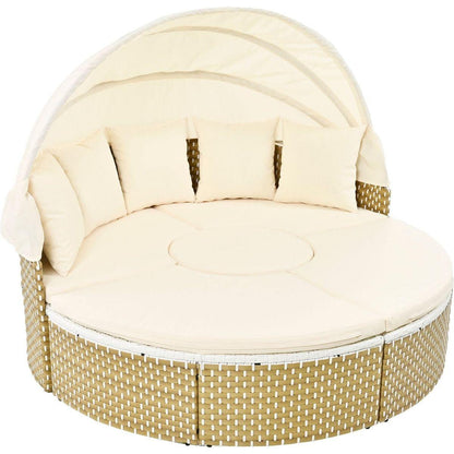 Patio Furniture Round Outdoor Sectional Sofa Set Rattan Daybed Two-Tone Weave Sunbed with Retractable Canopy, Separate Seating and Removable Cushion, Beige