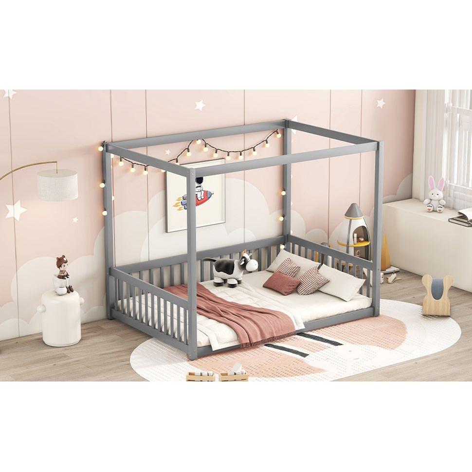 Full Size Canopy Frame Floor Bed with Fence, Guardrails,Grey