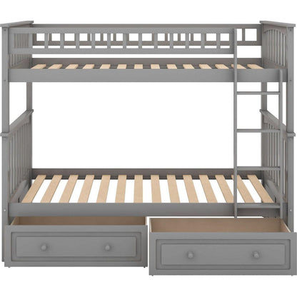 Twin over Twin Bunk Bed with Drawers, Convertible Beds, Gray
