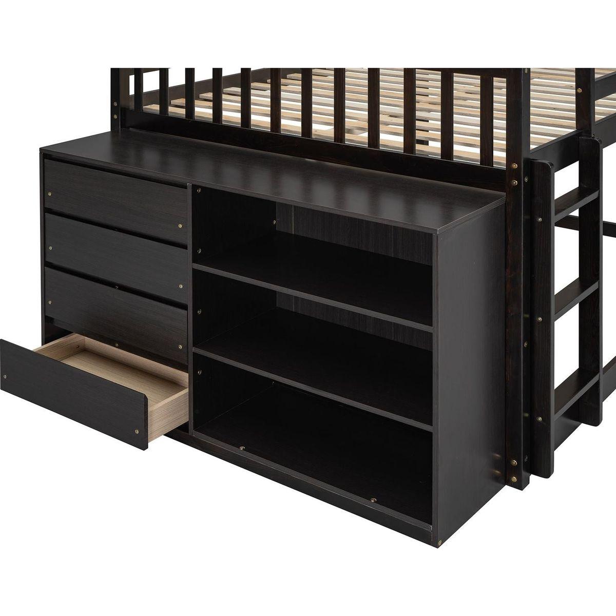 Full over Full Bunk Bed with 4 Drawers and 3 Shelves-Espresso