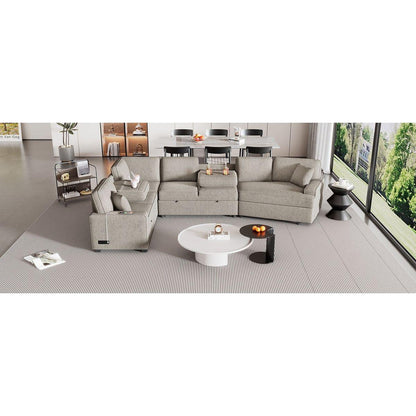 126" L-shaped Sofa Sectional Sofa Couch Pull-out Sofa Bed with Charging Devices and Cup Holders for Living Room, Beige