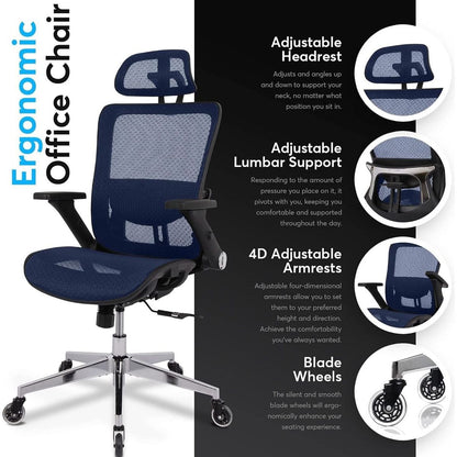 BLUE Ergonomic Mesh Office Chair, High Back - Adjustable Headrest with Flip-Up Arms, Tilt and lock Function, Lumbar Support and blade Wheels, KD chrome metal legs