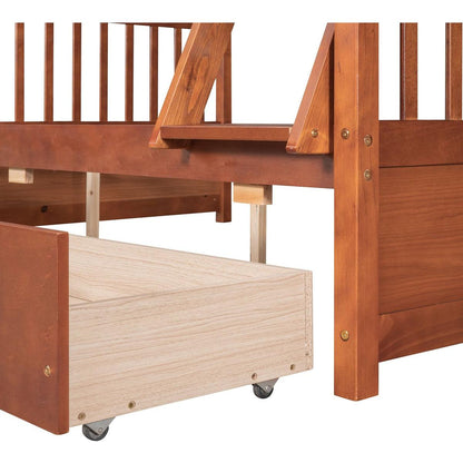 Twin-Over-Full Bunk Bed with Ladders and Two Storage Drawers (Walnut) { o