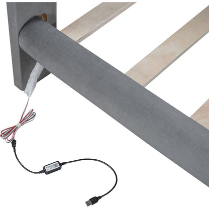 Full Size Velvet Platform Bed with LED Frame, Thick & Soft Fabric and Button-tufted Design Headboard, Gray