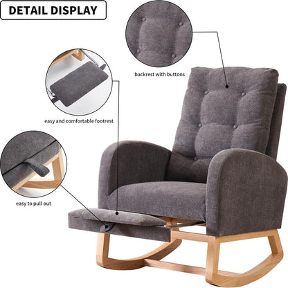 Accent Rocking Chair with Footrest High Back Rubber Wood Rocking Legs Bedroom Living Space 26.77D X 38.36W X 39.76H Inch
