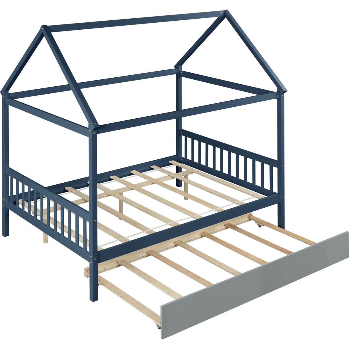 NAVY BLUE HOUSE FULL BED WITH TRUNDLE OF GREY COLOR