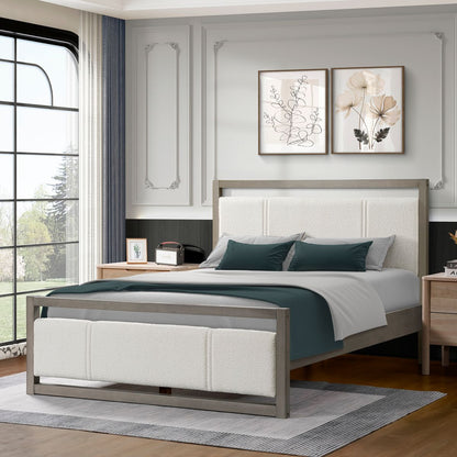 Queen Bed with Ivory Boucle Fabric Headboard, Wood Frame