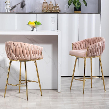 26" Counter height bar stools Set of 2 kitchen island counter bar stool with hand- wave back,golden chromed base and footrest(PINK)