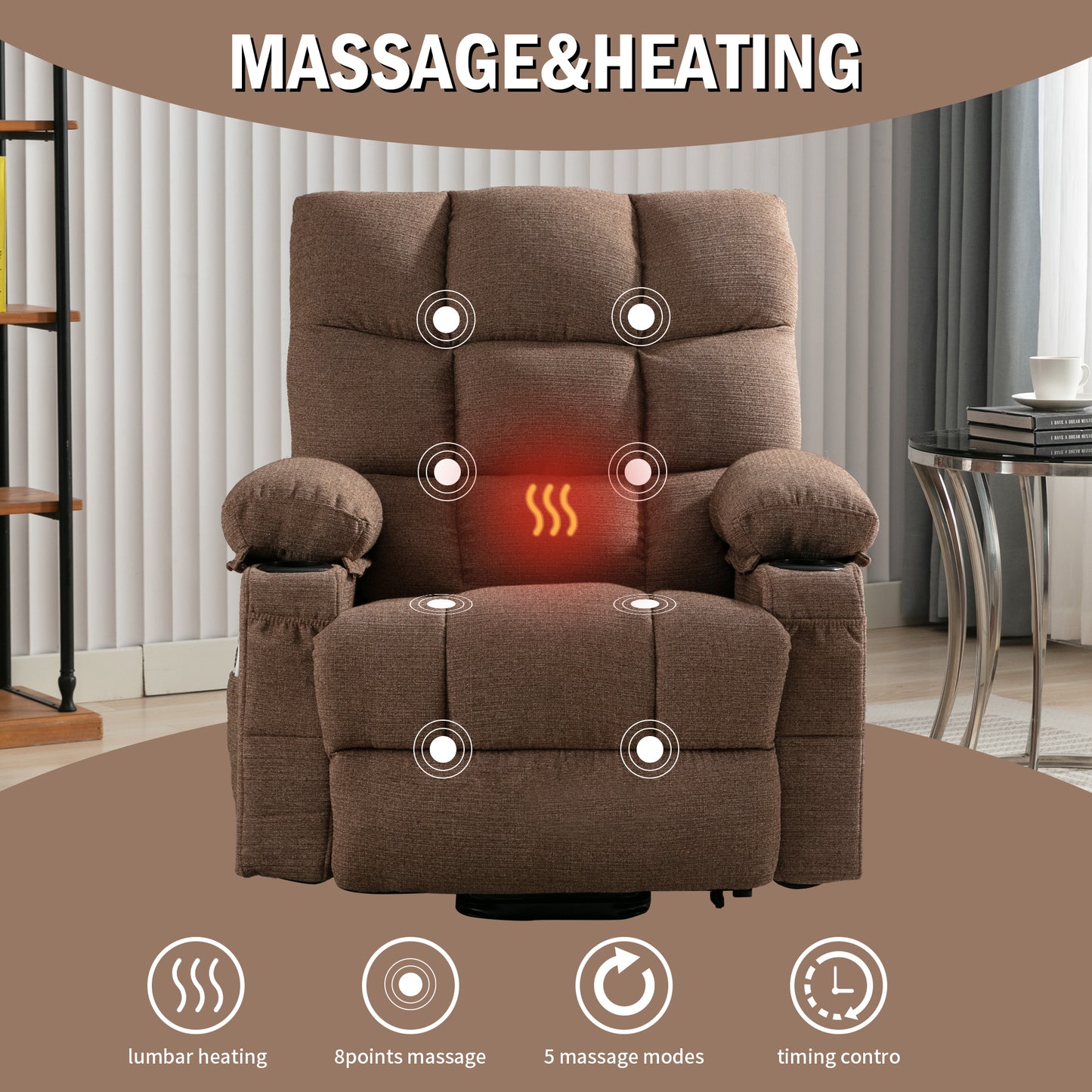 Power Lift Recliner Chair Recliners for Elderly with Heat and Massage Recliner Chair for Living Room with Infinite Position and Side Pocket,USB Charge Port.BROWN