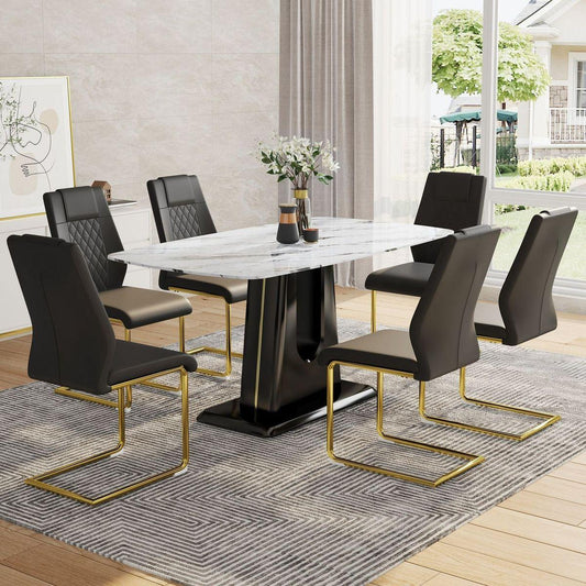 Table and chair set, modern and minimalist dining table, imitation marble patterned tabletop, MDF legs with U-shaped brackets. Paired with comfortable chairs, suitable for dining and living rooms.