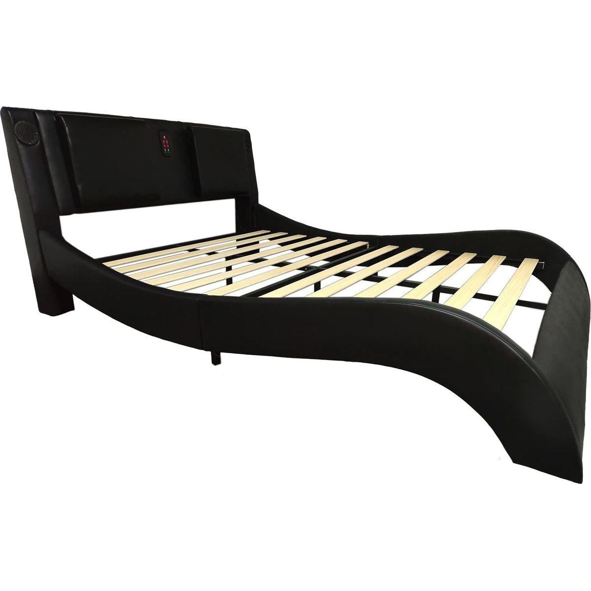 Faux Leather Upholstered Platform Bed Frame with led lighting, Bluetooth connection to play music control, Backrest vibration massage, Curve Design, Wood Slat Support, Exhibited Speakers,King Size