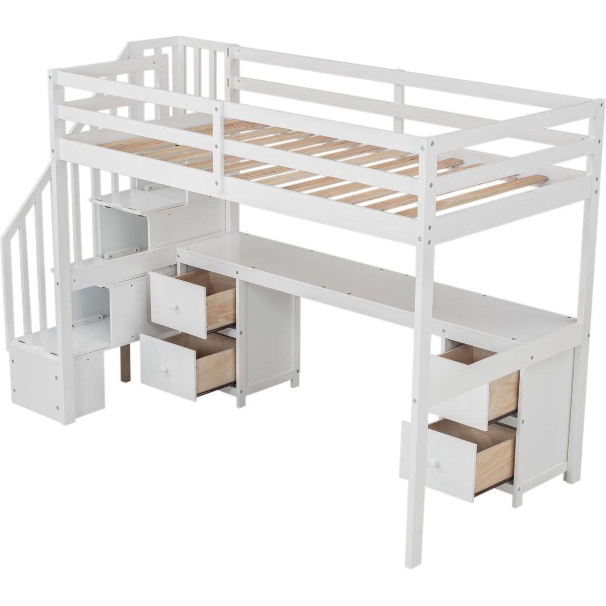 Twin Size Loft Bed Frame with Built-in Desk and Double Storage Drawers,White