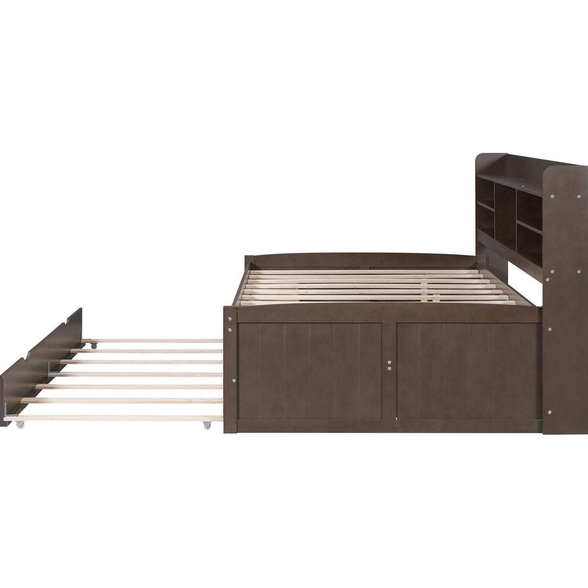 Full Size Wooden Captain Bed with Built-in Bookshelves,Three Storage Drawers and Trundle,Antique Grey - Streamdale Furniture